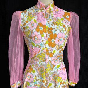 Floral Maxi Dress with Pink Sheer Sleeves